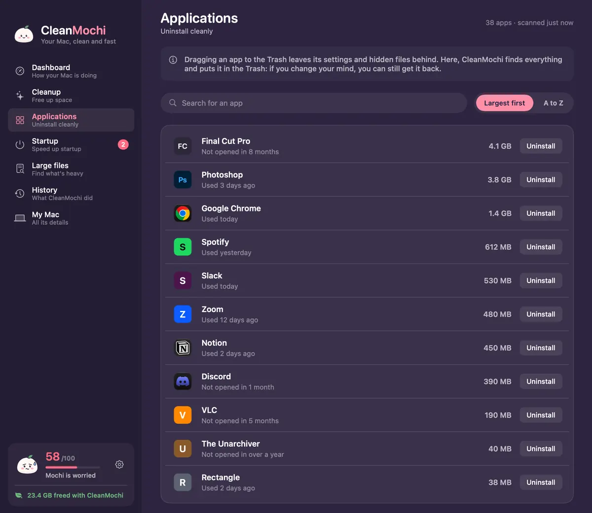 CleanMochi apps screen: apps sorted by size, with when each was last used and an Uninstall button.