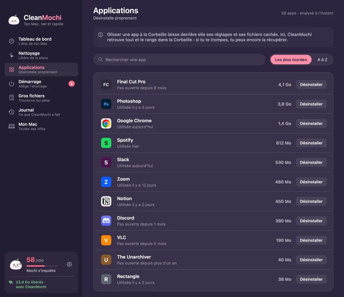 Écran Applications de CleanMochi : les apps triées par poids, avec leur date de dernière utilisation et un bouton Désinstaller.
