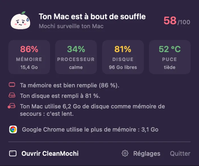 Fenêtre de CleanMochi dans la barre de menu : note 58 sur 100, mémoire, processeur, disque et puce, avec les explications de Mochi.