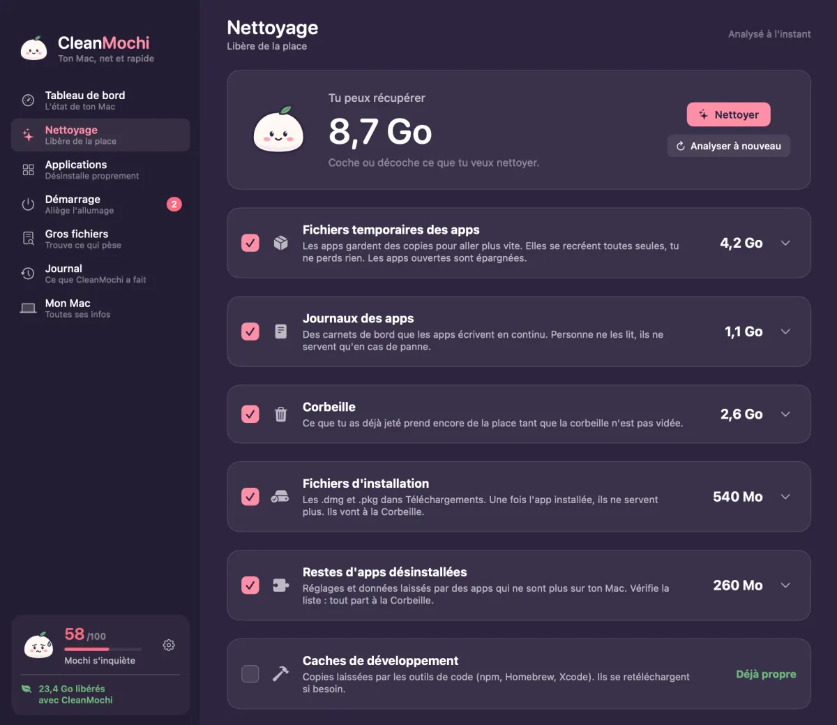 Écran Nettoyage de CleanMochi : 8,7 Go à récupérer, répartis entre fichiers temporaires, journaux des apps, Corbeille, fichiers d'installation et restes d'apps désinstallées.