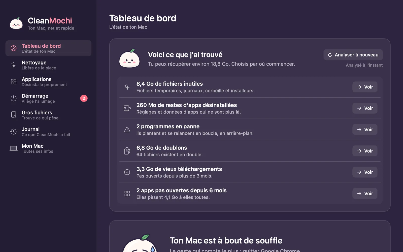 CleanMochi après une analyse : Mochi a trouvé 18,8 Go à récupérer, des restes d'apps, deux programmes en panne et des doublons, et explique pourquoi la note est à 58 sur 100.